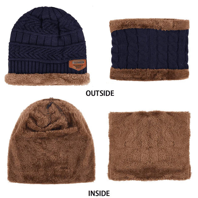 Wool Textured Cap & Neck Warmer Combo Adjustable Unisex For Adults & Childs