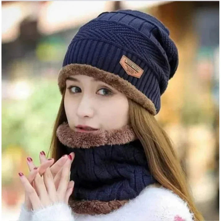 Wool Textured Cap & Neck Warmer Combo Adjustable Unisex For Adults & Childs