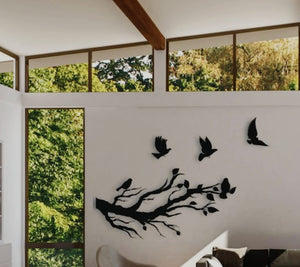 Flying Birds From Tree Branches Wooden Wall Art