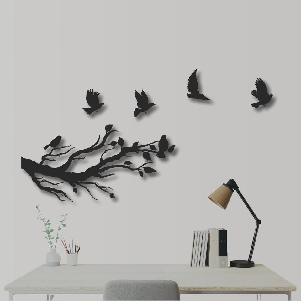 Flying Birds From Tree Branches Wooden Wall Art