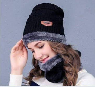 Wool Textured Cap & Neck Warmer Combo Adjustable Unisex For Adults & Childs