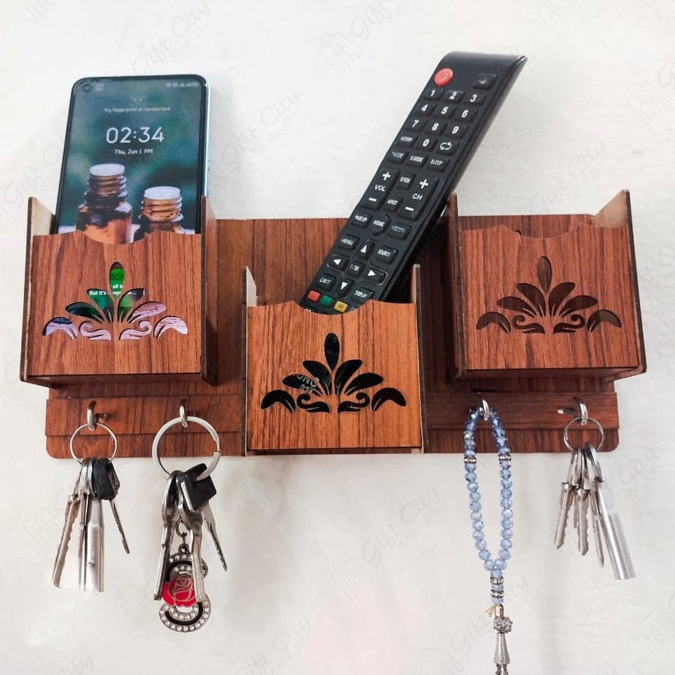 Wooden Wall-Mounted Key Holder with Storage 3 Compartments