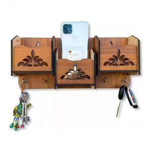 Wooden Wall-Mounted Key Holder with Storage 3 Compartments