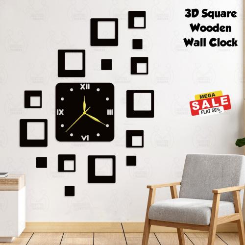 3D Square Wooden Wall Clock